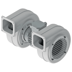 2LFA Niederdruck-Radialventilatoren, montiert an einem Motor mit zwei Wellenenden, für normale Luft bis 30°C, ideal für Lüftungstechnik und Klimatechnik.