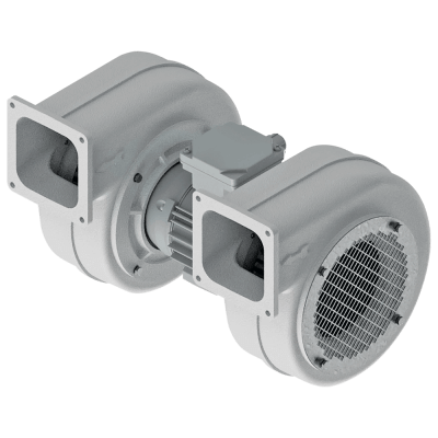 2LFA Niederdruck-Radialventilatoren, montiert an einem Motor mit zwei Wellenenden, für normale Luft bis 30°C, ideal für Lüftungstechnik und Klimatechnik.