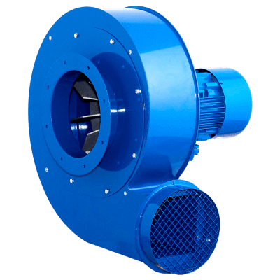 Mitteldruck-Transport-Radialventilator GMT-K für gesättigte und verunreinigte Luft bis 80°C, mit nach hinten gerichteten Laufschaufeln.