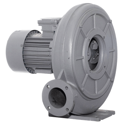 Hochdruck-Radiallüfter HPB-F für Frequenzumrichterbetrieb, ideal für Prozessmedien bis 80°C.
