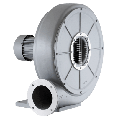 MBA Mitteldruck-Radialventilator mit Direktantrieb, geeignet für gesättigte Luft bis 80°C, aus Aluminium gefertigt.