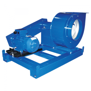 Keilriemengetriebener Mitteldruck-Radialventilator MSB-VB für Luft, Staub, Sägemehl und Späne bis 120°C Dauertemperatur.