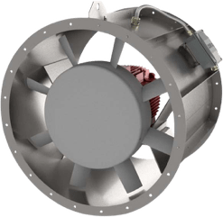 Brandgas-Axialventilator für den Rohrleitungseinbau, temperaturbeständig bis 400°C für 2 Stunden, ideal für industrielle Anwendungen.
